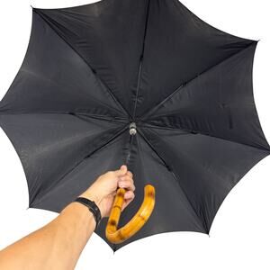 Vintage Black Umbrella W/ Bentwood Bamboo? Handle - READ - 43”